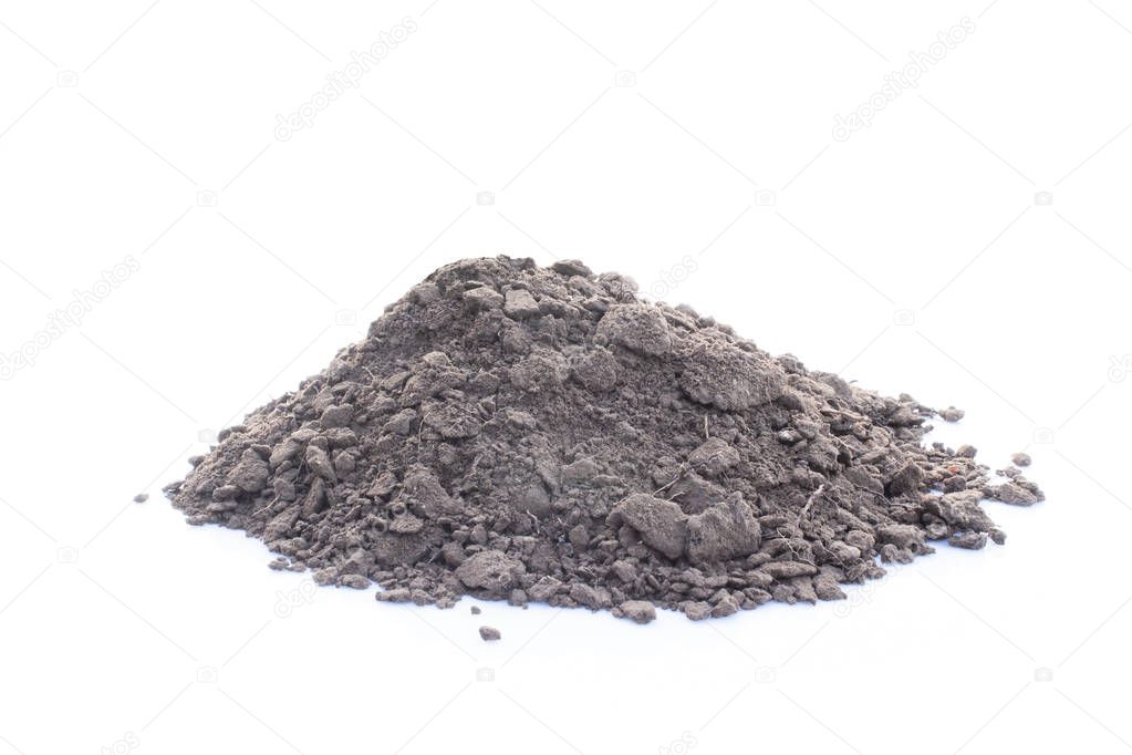 brown earth on white background. natural soil texture. Pile heap of soil humus isolated on white background