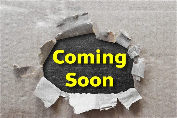 Text Message Coming Soon Brown Torn Paper Black Backdrop — Stock fotografie