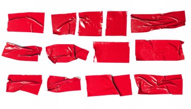 Set of Red tapes on white background. Torn horizontal and different size Red sticky tape, adhesive pieces.