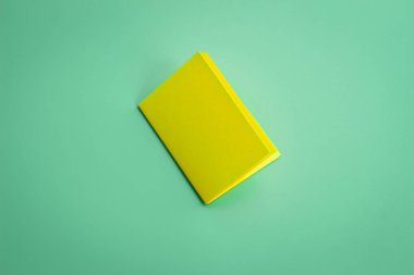 Boş portre maket kağıdı. Sarı broşür dergisi yeşil izole , değiştirilebilir arka plan.