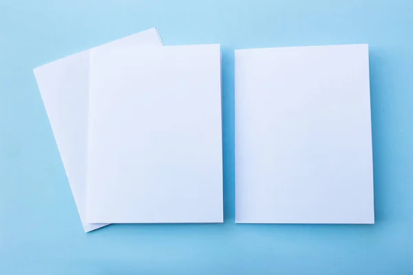 Papel Retrato Blanco Revista Folleto Aislado Sobre Fondo Azul Cambiable — Foto de Stock