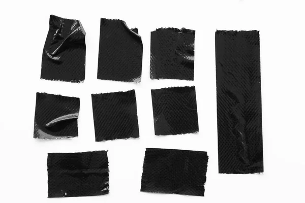白色背景上的黑色磁带集 撕裂水平和不同尺寸的黑色粘胶带 粘合件 — 图库照片