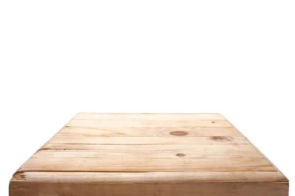 Üres Fából Készült Asztali Fehér Háttér — Stock Fotó