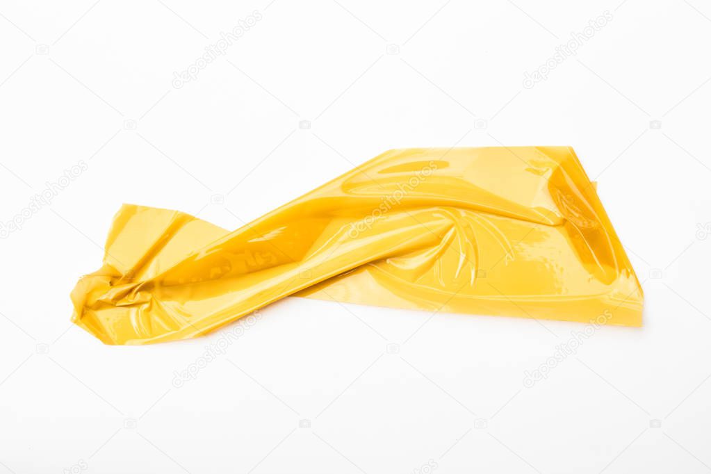 Set of yellow tapes on white background. Torn horizontal and different size yellow sticky tape, adhesive pieces.