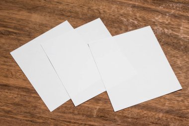 Boş portre mock-up kağıt. Broşür dergi izole kahverengi ahşap masa, değiştirilebilir arka plan / beyaz kağıt ağaç izole