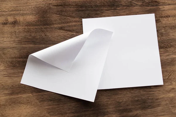 Boş portre mock-up kağıt. Broşür dergi izole kahverengi ahşap masa, değiştirilebilir arka plan / beyaz kağıt ağaç izole