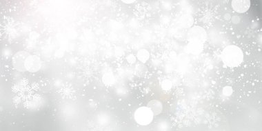 Beyaz ve gri kar, soyut arkaplanı bulanıklaştırdı. Bokeh Noel 'i güzel, parlak Noel ışıklarını bulanıklaştırdı