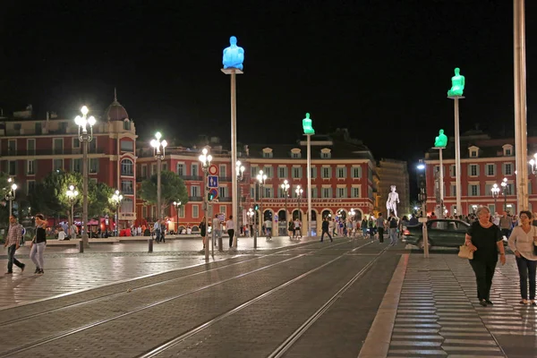 Nice, França - 14 de junho de 2014: Lugar Massena à noite — Fotografia de Stock