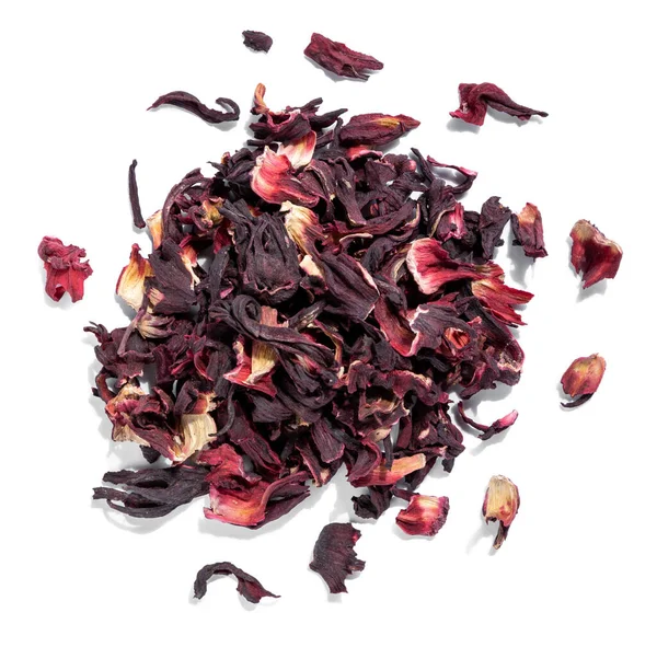 Dry hibiscus tea isolated on white. Close-up top view