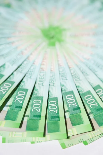 Dinheiro Russo 200 Notas Papel Rublo São Forma Ventilador Perto — Fotografia de Stock