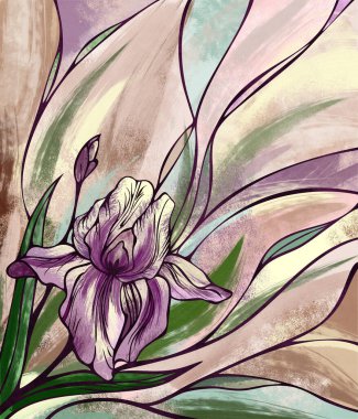 Duvar kağıdı için yazdır. İris çiçeği. Soyut suluboya ve dijital el çizimi resim. Tekstil, kumaş, hediyelik eşya, ambalaj ve tebrik kartları için karışık ortam çalışmaları.
