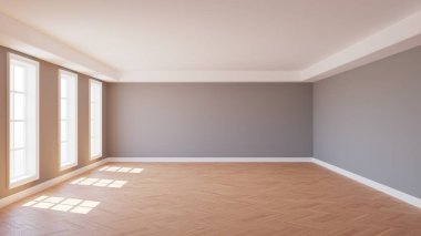 Geniş Pencereli Güzel Boş Güneş Işığı İçi, 3 boyutlu illüstrasyon