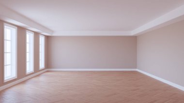 Parke Döşemeli Güzel Boş İçi, Üç Büyük Plastik Pencereler, Bej Duvarlar ve Beyaz Plinth, 3d Görüntü 