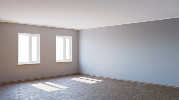 8K Ultra HD Empty Corner of the Interior Bathed in Sunlight with Parquet Floor, Two White Plastic Windows, and Wooden Plinth with Work Path on Windows