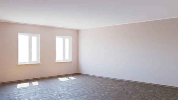 8K Ultra HD Interior Corner with Beige Walls, Dark Parquet Floor, Two White Plastic Windows, and Wooden Plinth, Lit by the Sun with Work Path on Windows