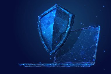 laptop ve kalkan düşük Poli mavi