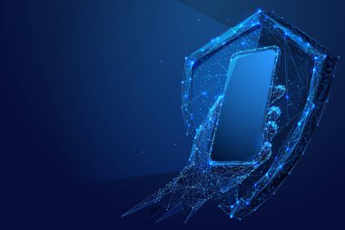 elinde telefon ve kalkan düşük Poli mavi