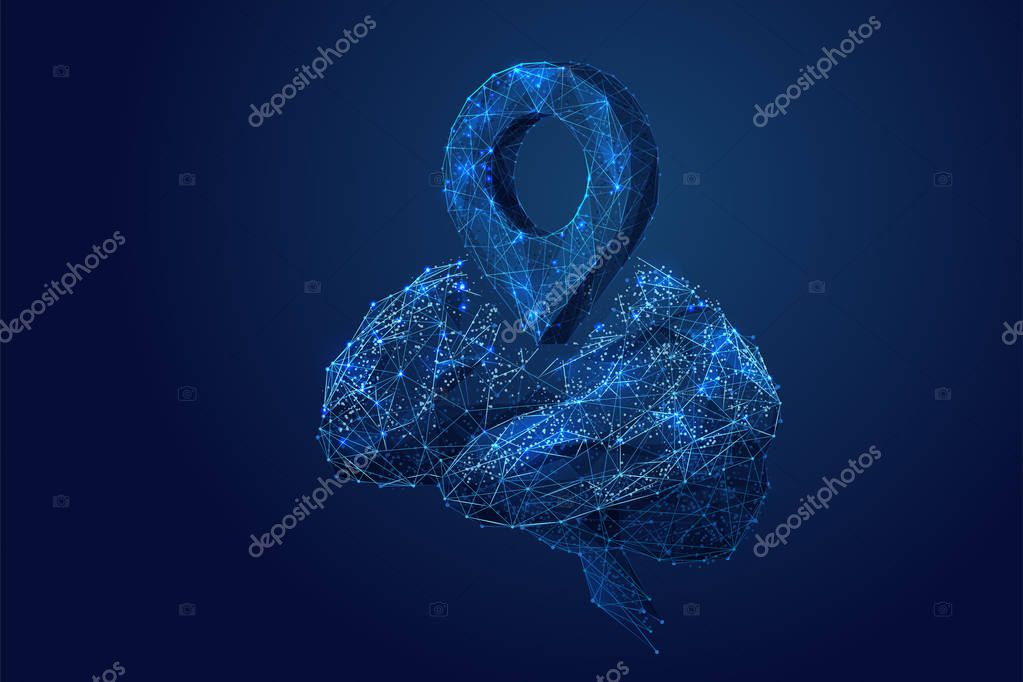 GPS pin low poly blue. Zoom Pin and human brain. Abstract Low-poly wireframe vector traveling illustration. Starry sky and cosmos style in blue color. Maps and navigator services. Tour organization.