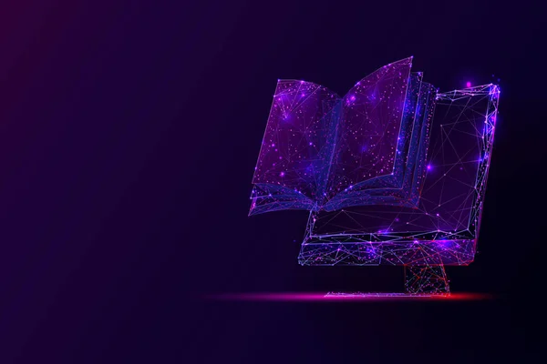 PC screen and book low poly vector illustration.