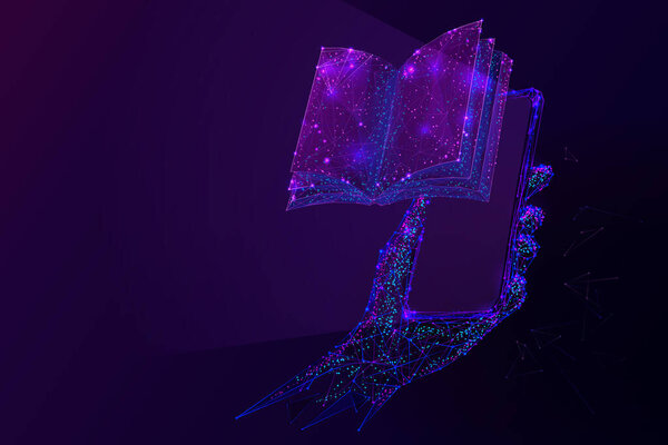 Open book and smartphone low poly vector illustration