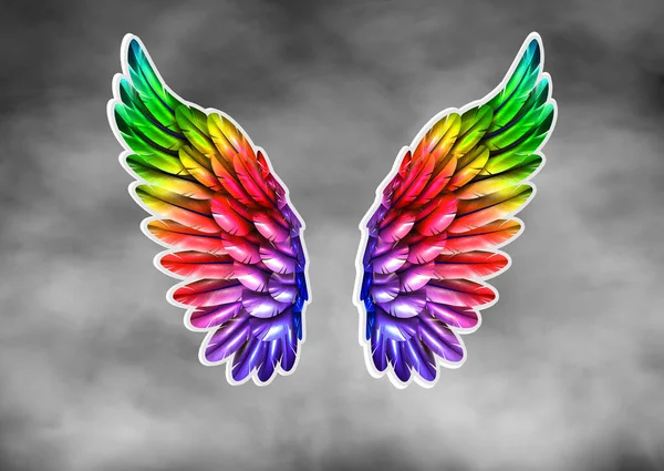 3D Colorful angel wing design. Gray background.