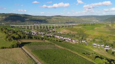 Moselle Viyadük Longuich, Mosel Vadisi 'ndeki üzüm bağı, Trier yakınlarındaki nehir köprüsü, Alman otobanı, hava manzarası.