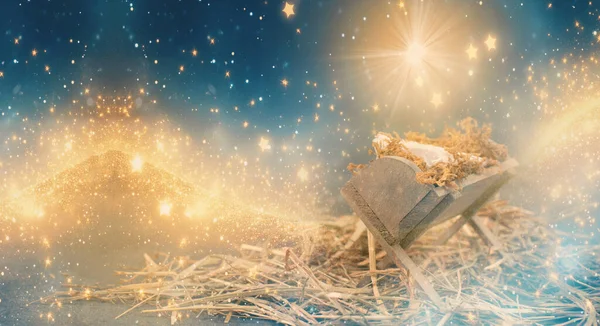 İsa Mesih 'in Beytüllahim' de doğuşu. Işık, Hristiyanlığın yemliği, dini inancı ve İncil 'deki Noel hikâyesi üzerinde parlıyor.