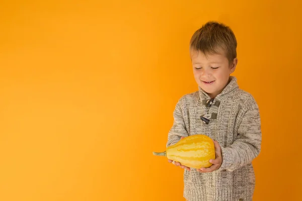 Usmívající se chlapec s malou dýní v rukou na oranžovém pozadí — Stock fotografie