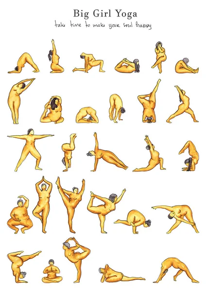 Big Girl Yoga Poster Con Diverse Posizioni Replicare — Foto Stock
