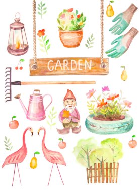 Set of items on the theme of the garden. Watercolor items. clipart