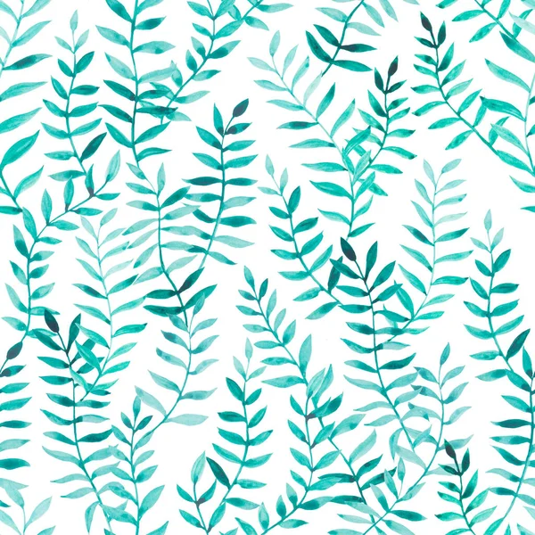 Piękne ręcznie rysowane zielone liście na białym tle. Botaniczny bezszwowy wzór akwareli. — Zdjęcie stockowe