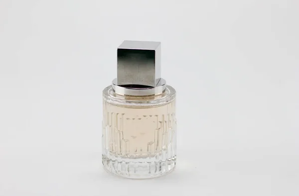 Frasco Perfume Vidrio Patrón Parte Delantera Coloca Sobre Fondo Blanco —  Fotos de Stock