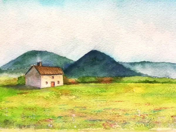 Watercolor Cartoon Landscape Countryside House Green Meadow Field Flower Blue — Stock Photo, Image