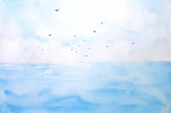 Aquarela Paisagem Mar Céu Com Pássaros Imagem De Stock