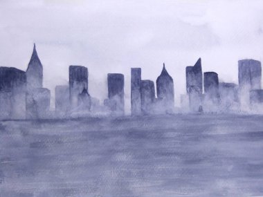 Sis içindeki suluboya manzara şehri