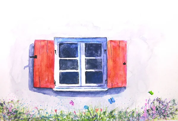 Aquarellfenster Mit Blume Und Schmetterlingen — Stockfoto