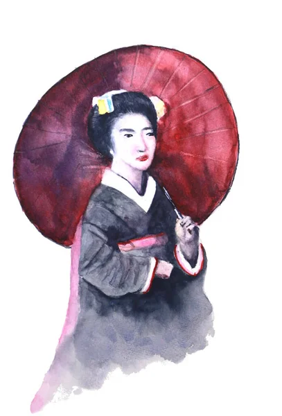 Acquerello Donna Giapponese Geisha Sfondo Bianco — Foto Stock