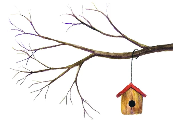 Akwarela Birdhouse Wiszące Gałęzi Odizolowane Białe Tło — Zdjęcie stockowe