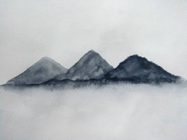 watercolor asian ink landscape chinese mountain fog . Traditional oriental. asia art style. on paper background.