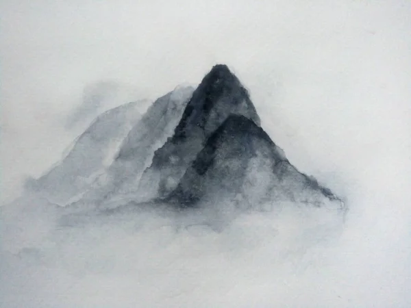 Υδατογραφία Ασιατικό Τοπίο Μελάνι Κινεζική Ομίχλη Του Βουνού Παραδοσιακό Ανατολίτικο — Φωτογραφία Αρχείου