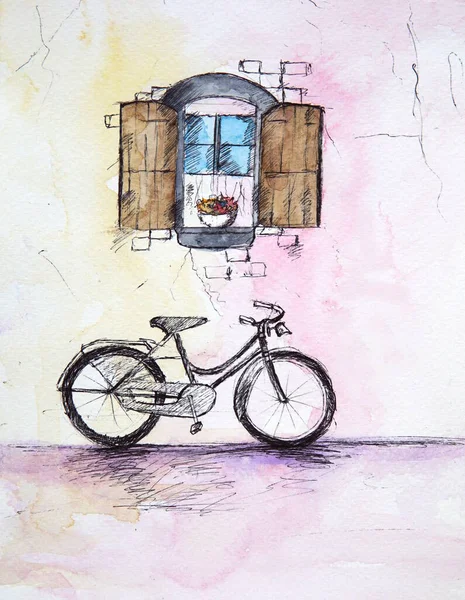 watercolor art bicycle standing against a wall under a window.