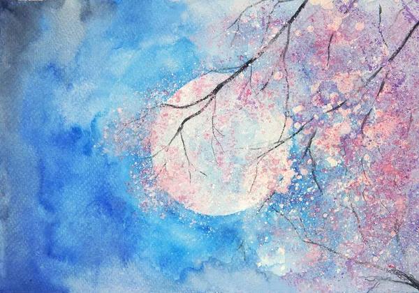 水彩画満月とピンクの木の風景 — ストック写真