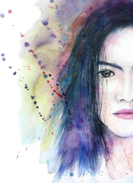 Asijská Ženská Tvář Módní Ilustrace Malba Akvarelem Stock Snímky