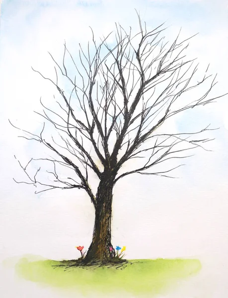 Akvarel Mrtvý Strom Květina Obloha — Stock fotografie