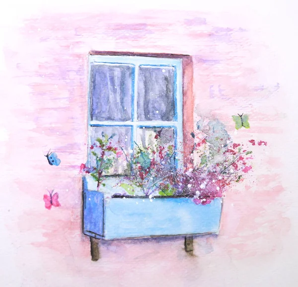 Çiçekli Kelebekli Suluboya Pencere — Stok fotoğraf