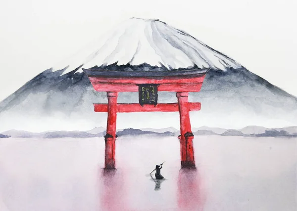 Akvarel Rybář Loď Japonská Fuji Hora Torii Brána Stock Obrázky