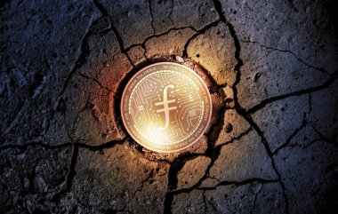 parlak altın Filecoin cryptocurrency sikke üzerinde Kuru toprak tatlı arka plan araştırma 3d render illüstrasyon