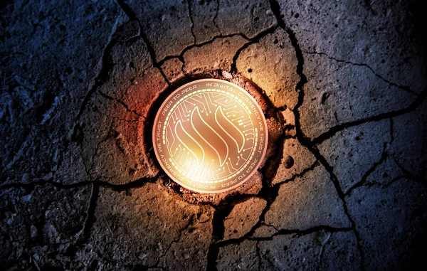 Brillant or STEEM pièce de crypto-monnaie sur terre sèche dessert fond minier illustration de rendu 3d — Photo