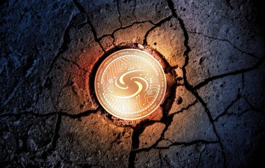parlak altın Syscoin cryptocurrency sikke üzerinde kuru toprak tatlı arka plan araştırma 3d render illüstrasyon