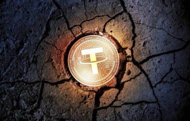 parlak altın urgan cryptocurrency sikke üzerinde kuru toprak tatlı arka plan araştırma 3d render illüstrasyon